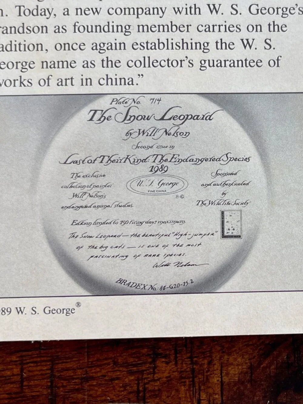 Bradford Exchange Snow Leopard Plate 1989 W.S. George COA Box Endangered Species